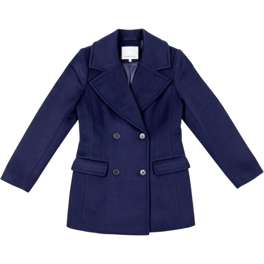 Lark & Ro Pea Coat, Size 0, Navy Wool Blend Double Breasted Classic Outerwear